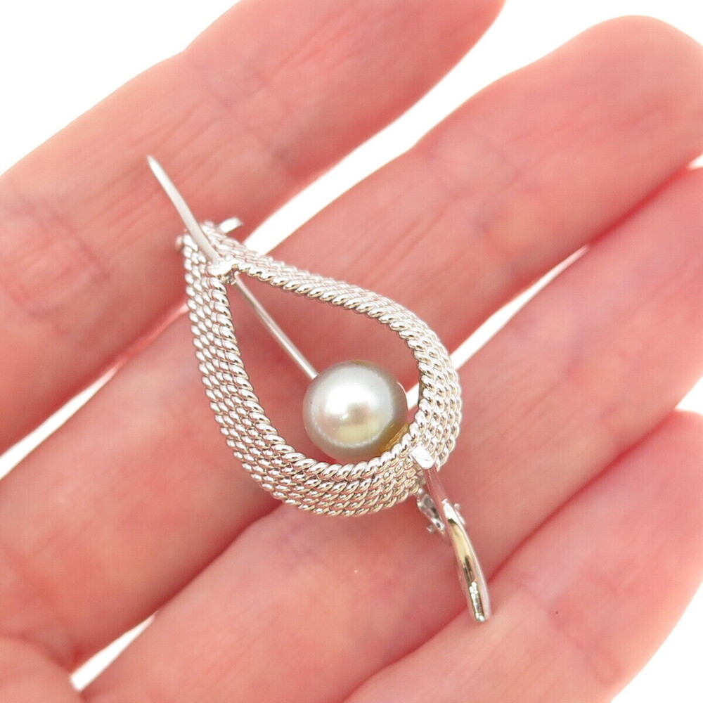 925 Sterling Silver Vintage Real Pearl Modernist Floral Pin Brooch